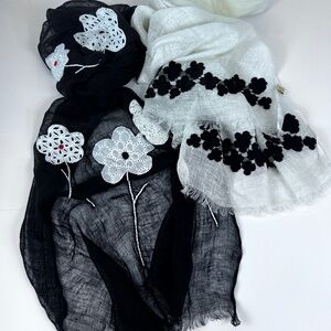 Two Pashma Arte Linen Scarf India Applique Flowers Beads